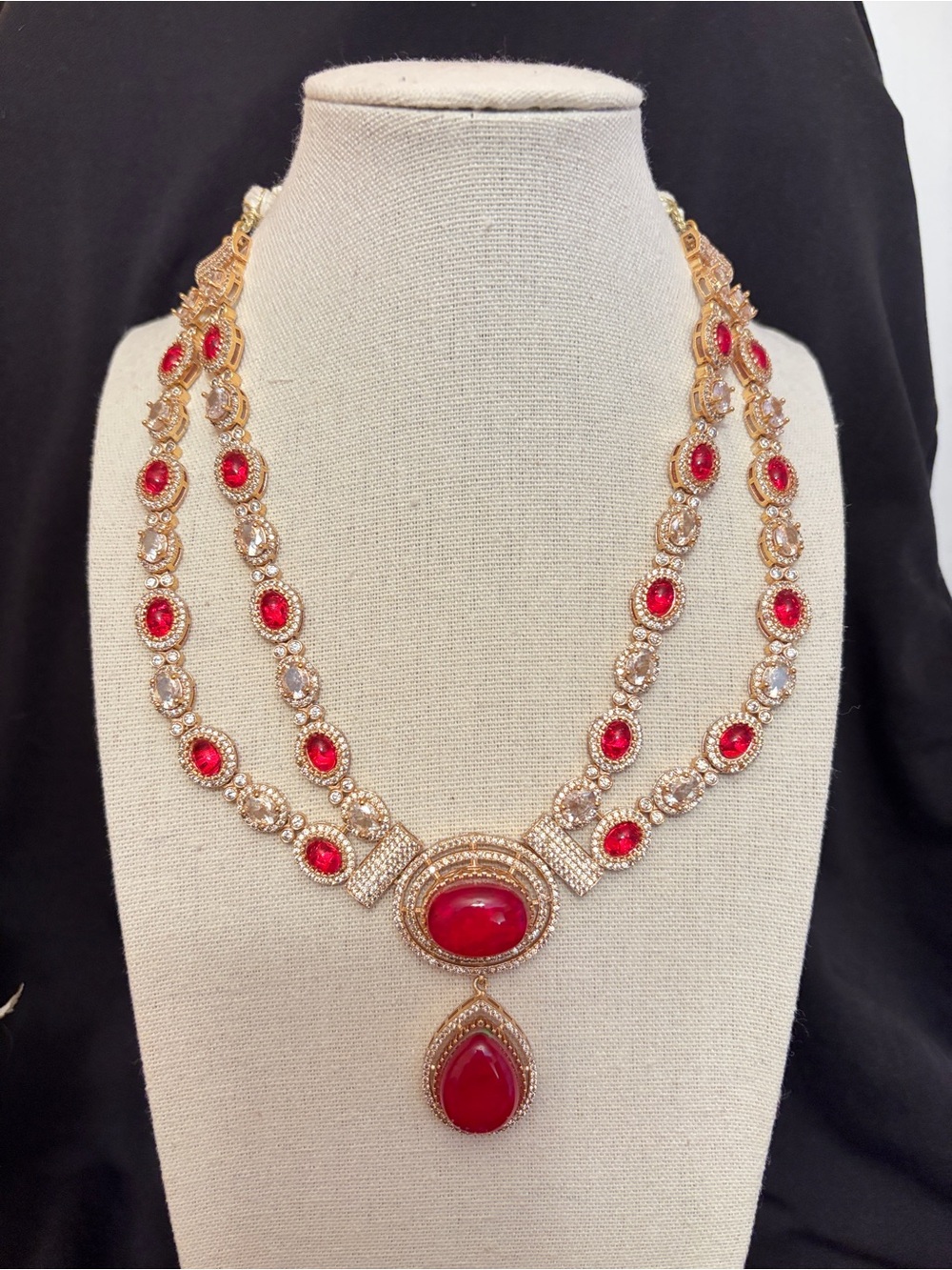 Red Mona Lisa with Tyanni Kundan Baguette CZ  Double Strand Necklace Set